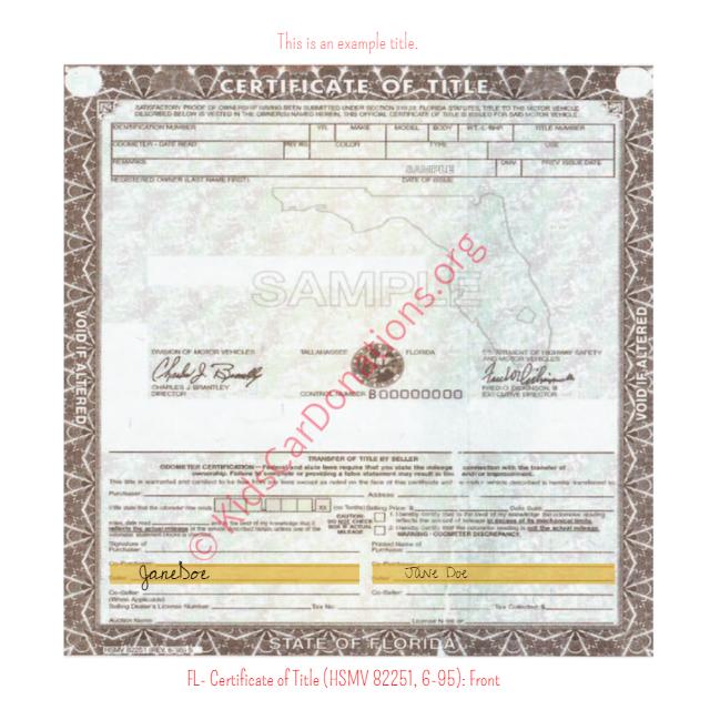 This is an Example of Florida Certificate of Title (HSMV 82250, 6-95) Front View | Kids Car Donations